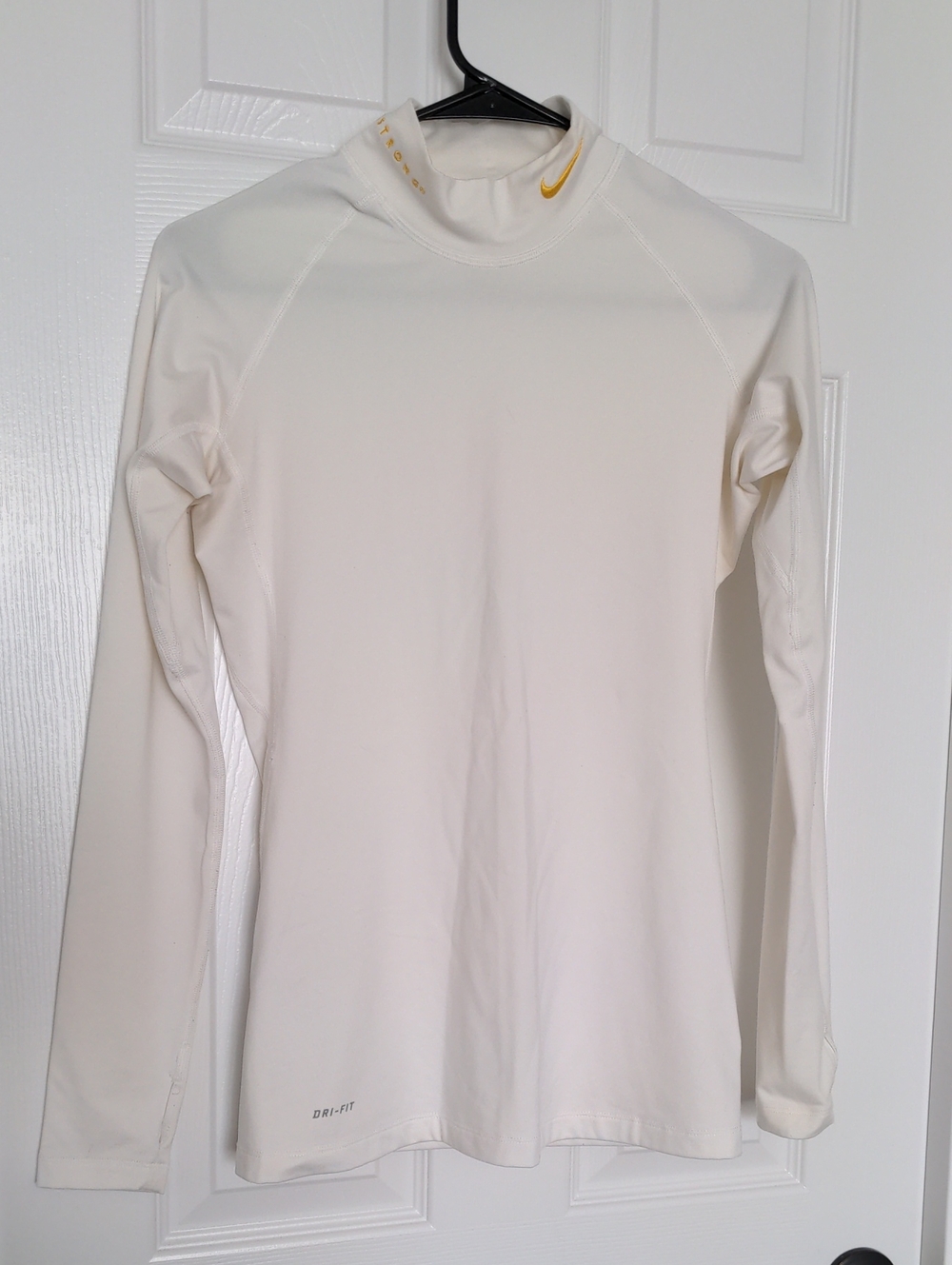 Nike White Long-Sleeve Mock Neck Performance Top with Gold Swoosh